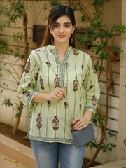 Lime Green Lawn Block Printed Stitched Kurti to Paired with Bottom of your Choice Lime Green Lawn Block Printed Stitched Kurti to Paired with Bottom of your Choice