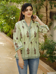 Lime Green Lawn Block Printed Stitched Kurti to Paired with Bottom of your Choice Lime Green Lawn Block Printed Stitched Kurti to Paired with Bottom of your Choice