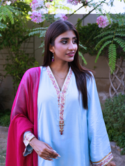 Khaadi Silk Flowy Shirt with Block Printed Edging on Neckline and Sleeves Contrasted with a Hot Pink Dupatta