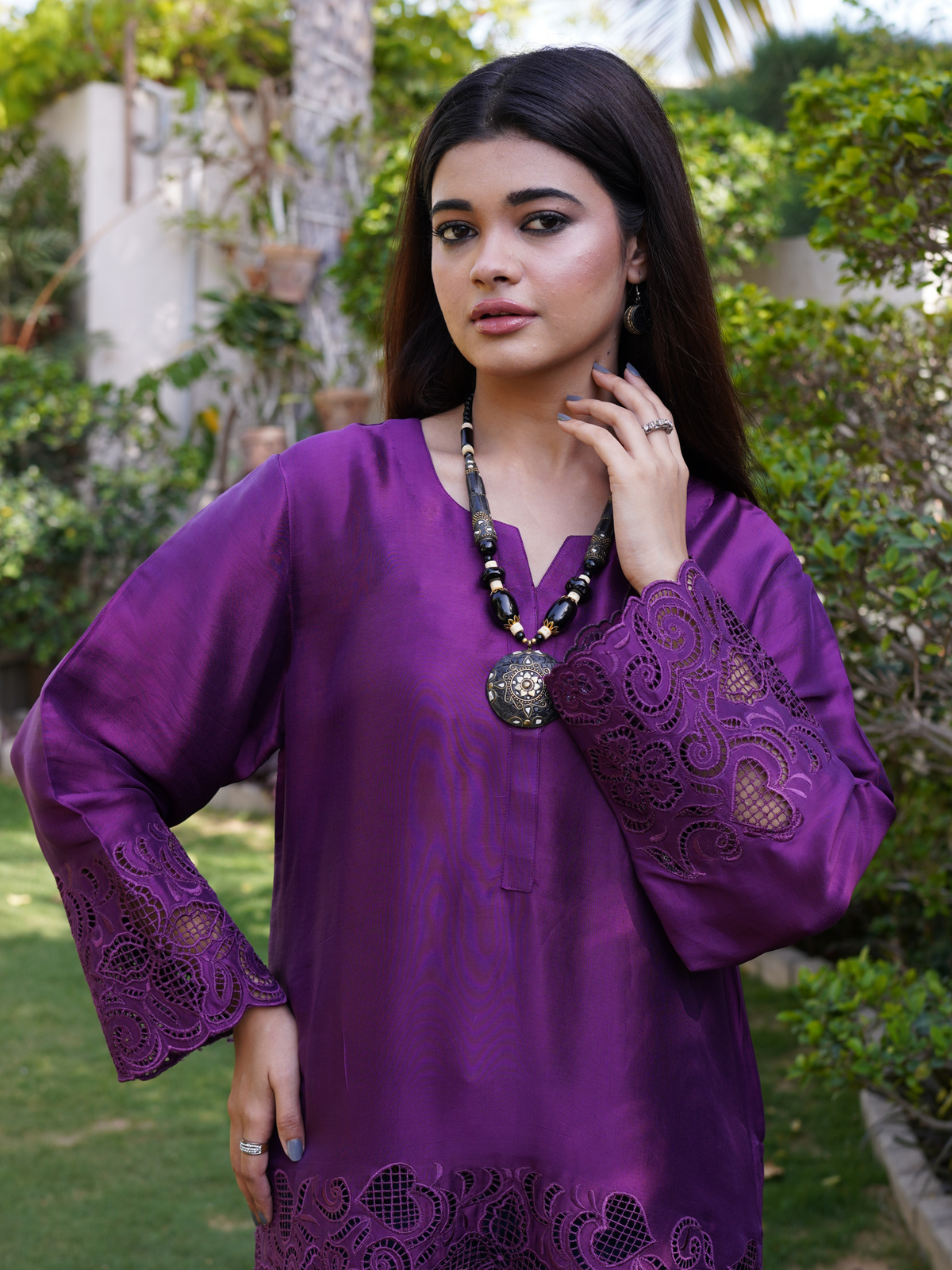 Deep Purple Butter Silk Kurti with Cut Work Sleeves