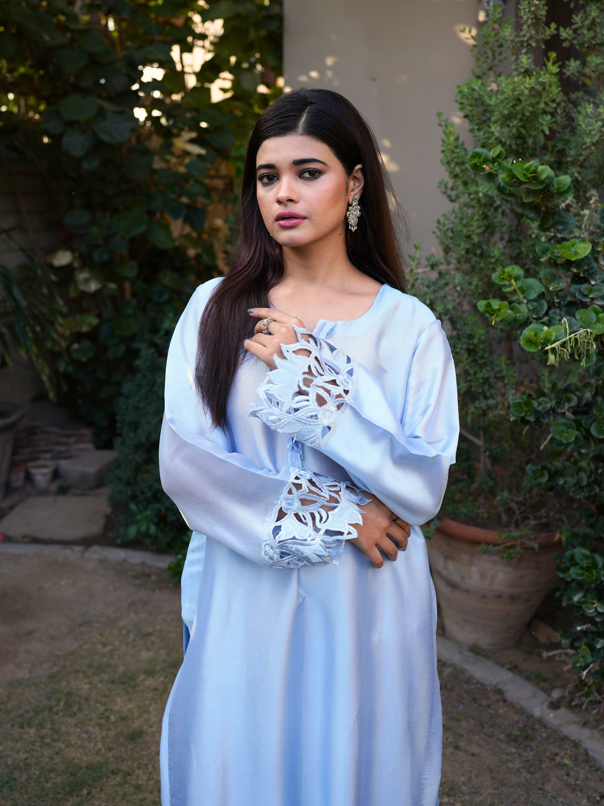 Ice Blue Butter Silk Shalwar Kameez with Cut Work Sleeves
