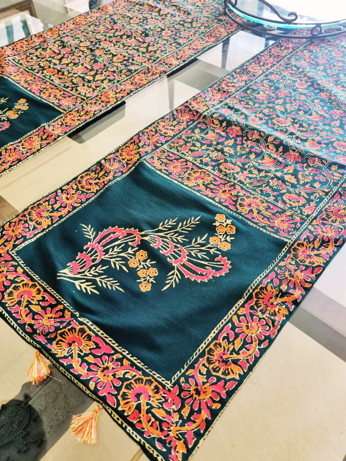 Deep Green Raw Silk Block Printed Runner