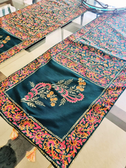 Deep Green Raw Silk Block Printed Runner