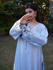 Ice Blue Butter Silk Shalwar Kameez with Cut Work Sleeves