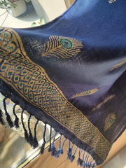 Navy Blue Woolen Scarf with Block Printed Peacock Feather Motifs and Border