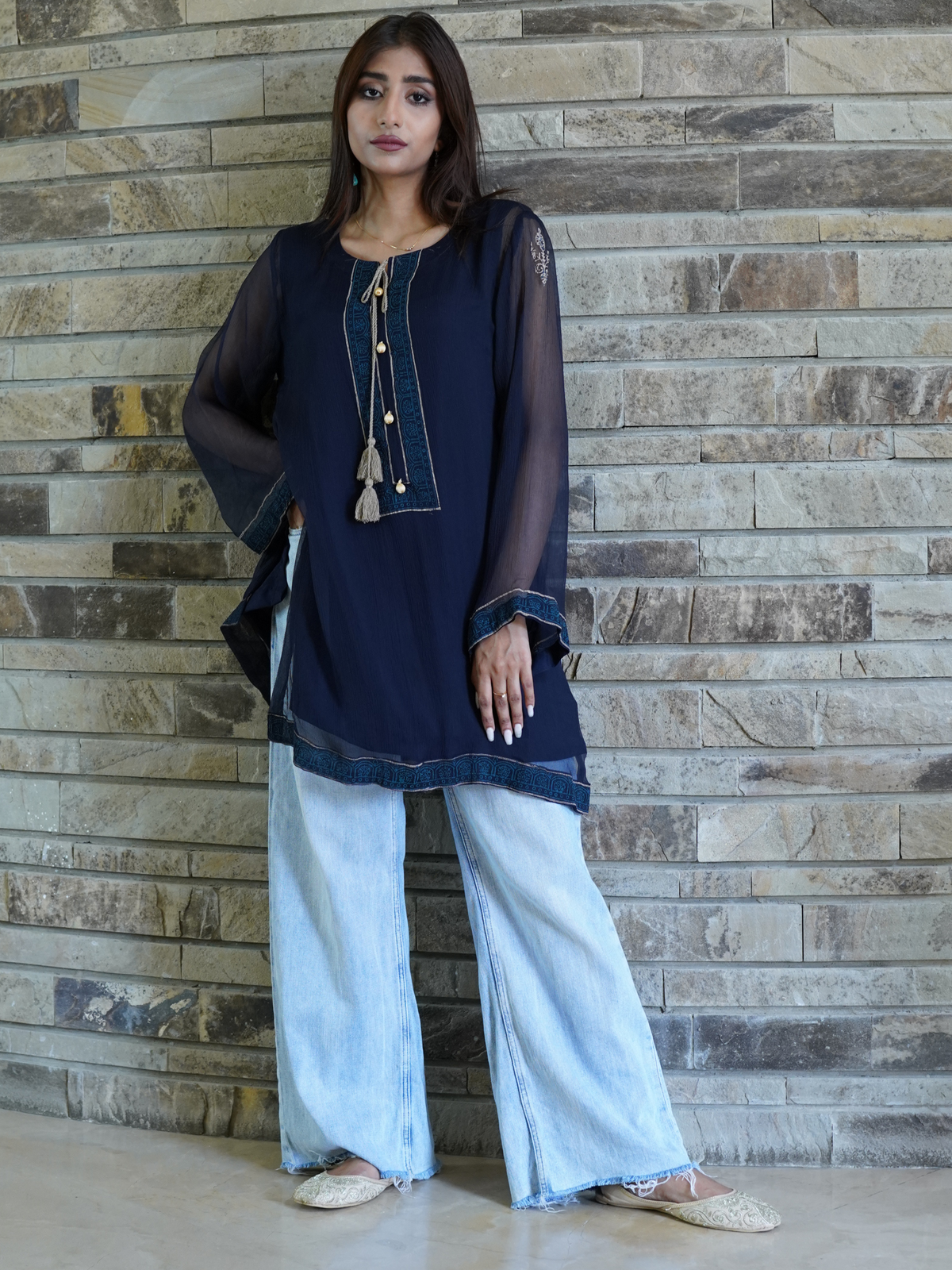 Chiffon Block Printed Stitched Kurti to Paired with Bottom of your Choice