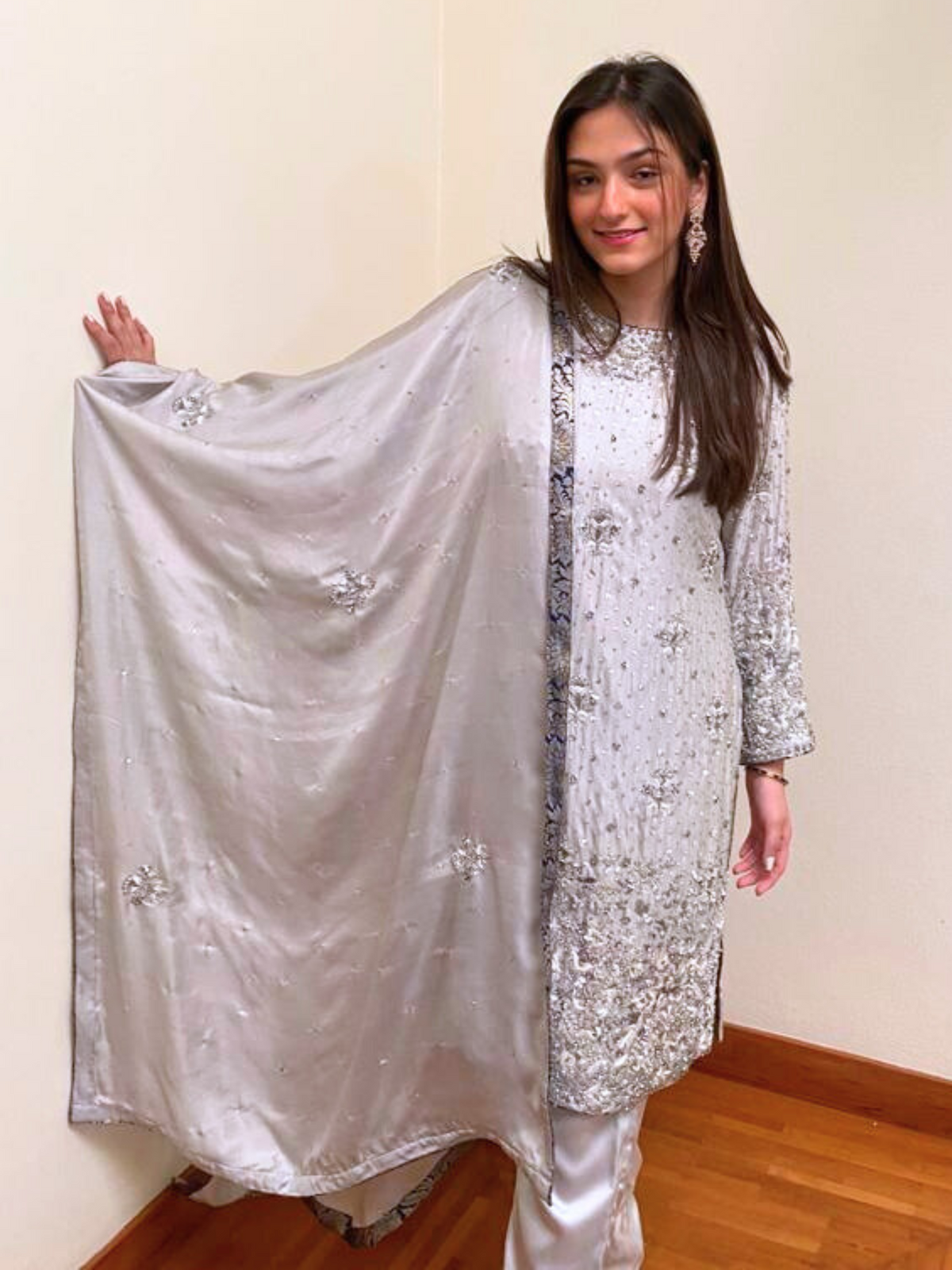 Heavily Worked Dabka and Kora Shirt in Shamoos Silk with Edged Dupatta