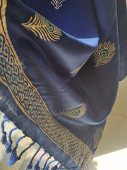 Navy Blue Woolen Scarf with Block Printed Peacock Feather Motifs and Border