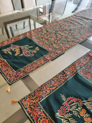 Deep Green Raw Silk Block Printed Runner