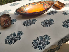 Raw Cotton Block Printed Dining Table Cover with Blue Motifs and Border
