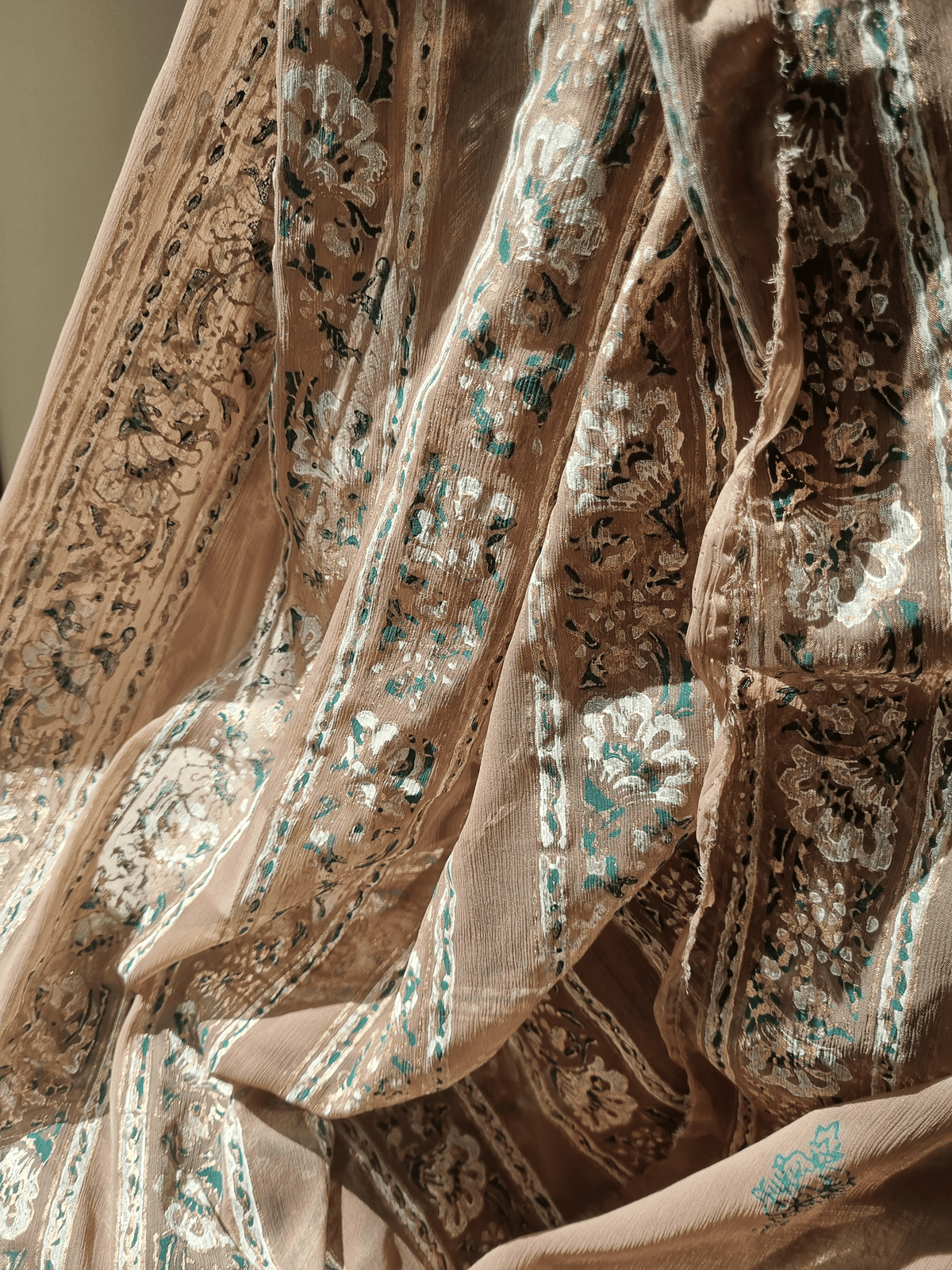 Chiffon Block Printed Shirt Paired with Chiffon Blocked Dupatta And Plain Silk Pants. Unstitched