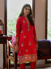 Khaadi Block Printed Shirt Paired with Organza Blocked Dupatta and Plain Khaadi Silk Pants.Unstitched