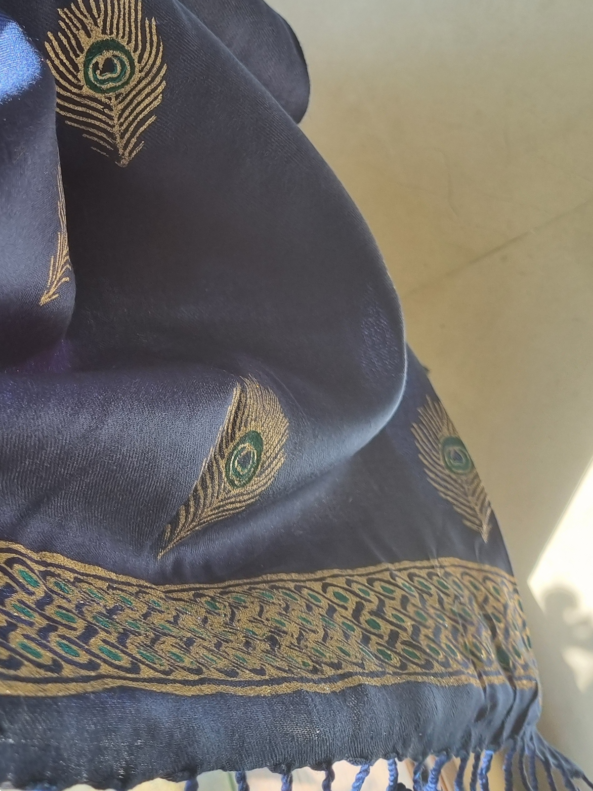 Navy Blue Woolen Scarf with Block Printed Peacock Feather Motifs and Border