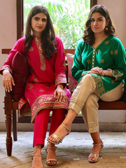 Khaadi Block Printed Shirt Paired with Organza Blocked Dupatta and Plain Khaadi Silk Pants.Unstitched