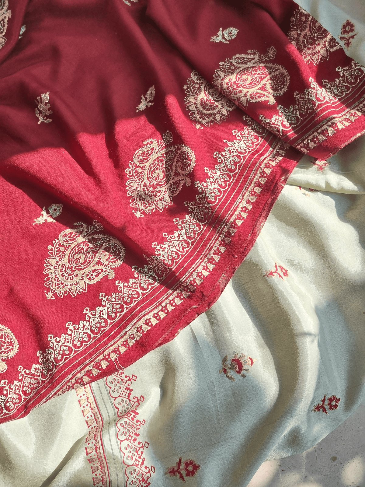 Silk Block Printed Shirt Paired with Khaadi Silk Blocked Dupatta and Plain Silk Pants. Unstitched