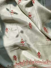 Silk Block Printed Shirt Paired with Khaadi Silk Blocked Dupatta and Plain Silk Pants. Unstitched