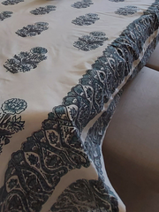 Raw Cotton Block Printed Dining Table Cover with Blue Motifs and Border