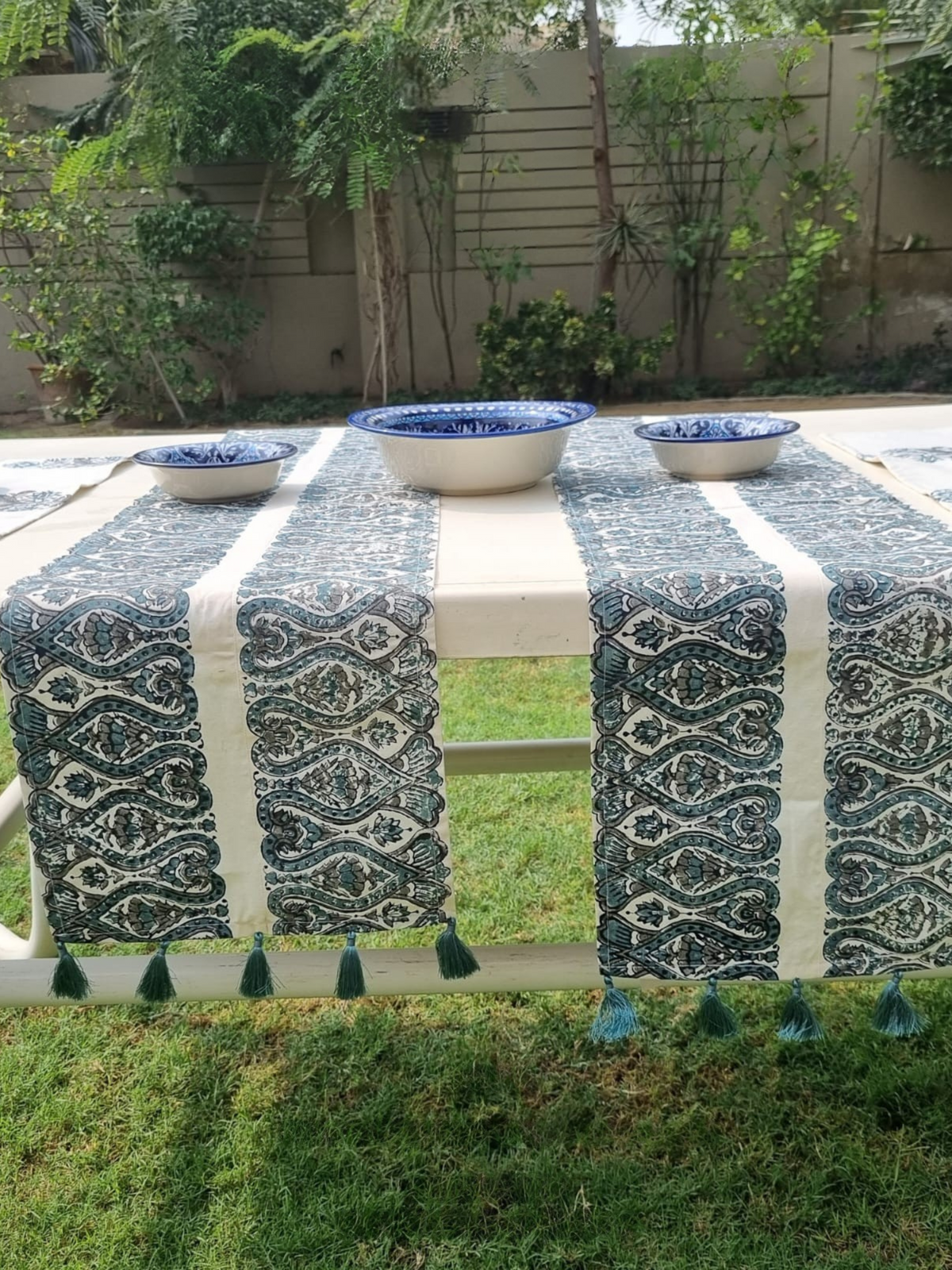 Raw Cotton Block Printed Runner with Tassled Edges