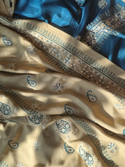 Khaadi Silk Block Printed Shirt Paired with Khaadi Net Blocked Dupatta and Plain Khaadi Silk Pants. Unstitched