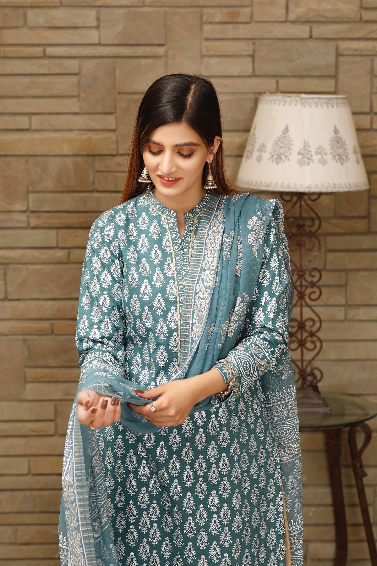 Stitched Cotton Lawn Block Printed Shirt With Chiffon Dupatta