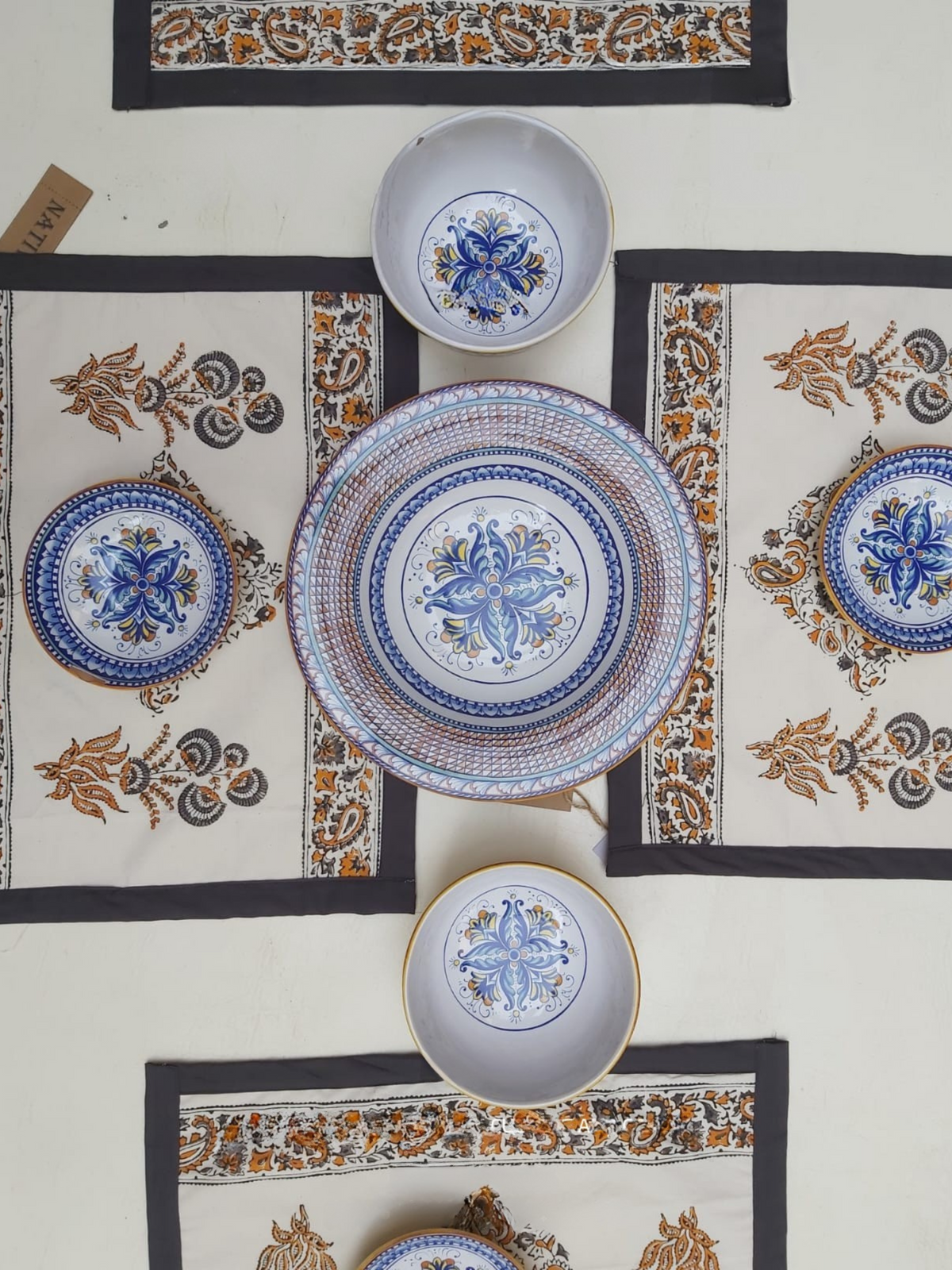 Block Printed Cotton Table Mats with Colored Edging