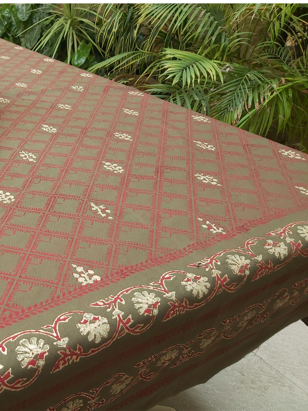 Oliver Green Thick Embossed Cotton Block Printed Dining Table Cover