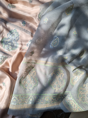 Silk Block Printed Shirt Paired with Khaadi Net Blocked Dupatta and Plain Khaadi Silk Pants. Unstitched