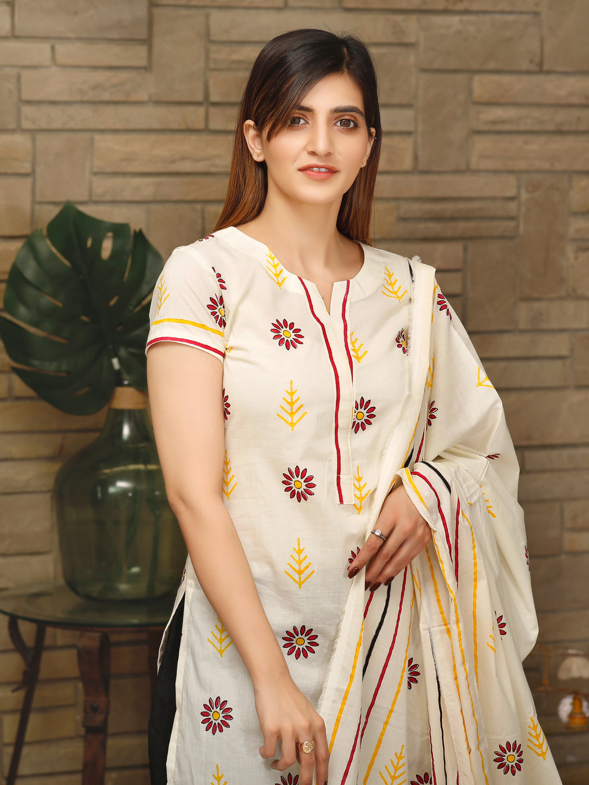 Lawn Block Printed Shirt and Dupatta and Plain Cotton Lawn Fabric for Pants.  Unstitched
