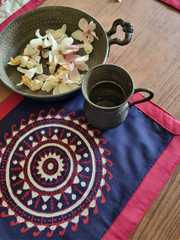 Double Sided Block Printed Table Mat in Raw Silk with Decorative Edging
