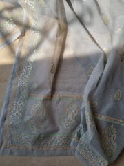 Silk Block Printed Shirt Paired with Khaadi Net Blocked Dupatta and Plain Khaadi Silk Pants. Unstitched