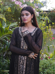 Stitched Chiffon Flared Cover Up With Block Printed Cotton Silk Inner Block Printed Cotton Silk Pants And Edged Chiffon Dupatta