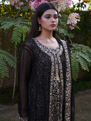 Stitched Chiffon Flared Cover Up With Block Printed Cotton Silk Inner Block Printed Cotton Silk Pants And Edged Chiffon Dupatta
