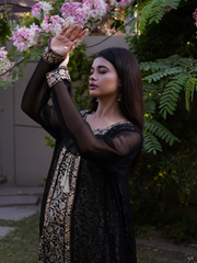 Stitched Chiffon Flared Cover Up With Block Printed Cotton Silk Inner Block Printed Cotton Silk Pants And Edged Chiffon Dupatta