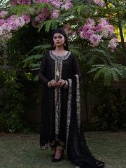 Stitched Chiffon Flared Cover Up With Block Printed Cotton Silk Inner Block Printed Cotton Silk Pants And Edged Chiffon Dupatta