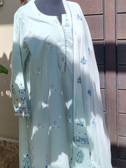 Lawn Block Printed Shirt with Blocked Chiffon Dupatta and Plain Cotton Lawn Fabric for Pants. Unstitched