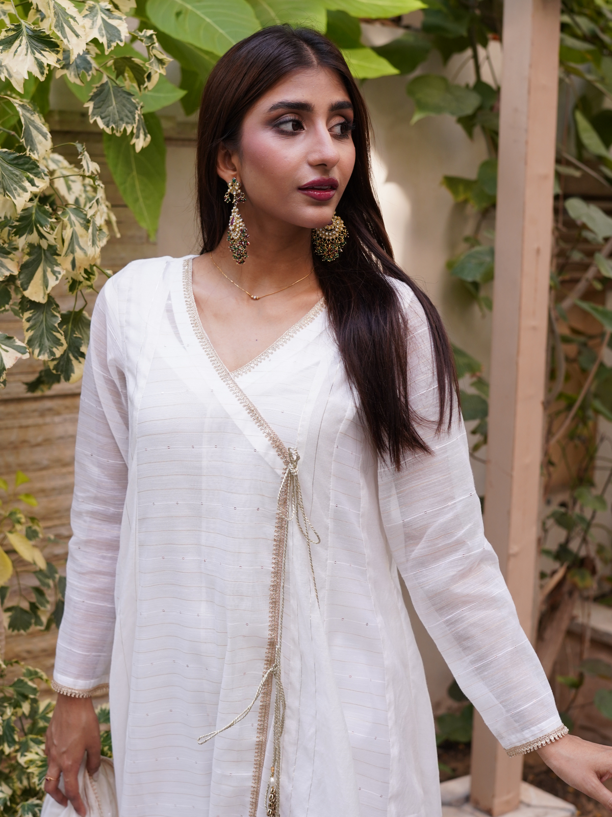 Embossed Organza Angarkha with Matching Dupatta and Tang Pajama Fiished with Kundan Dori
