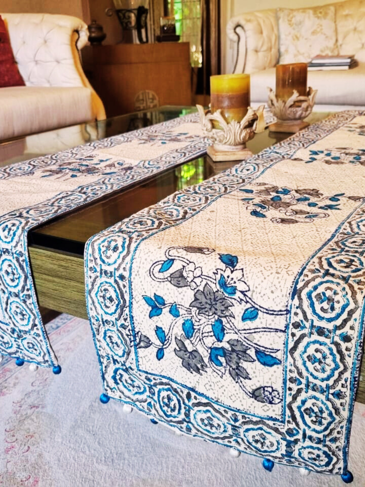 Raw Cotton Runner in Ice Blue and Grey combination