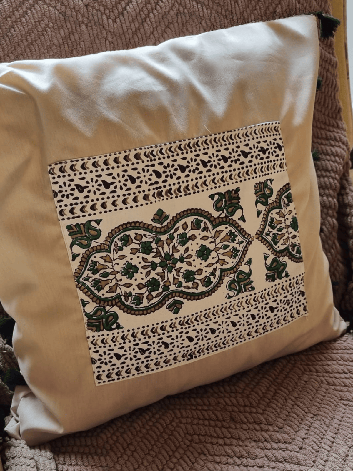 Beige Fine Cotton Cushion Cover with Block Printed Center Patch
